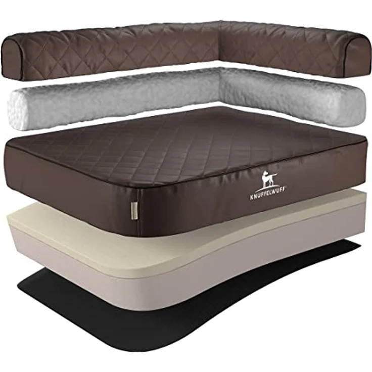 Knuffelwuff Orthopädisches Eck Hundebett Winslow aus Laser-gestepptem Kunstleder L 85 x 63cm Lehne Rechts Braun – Bild 1