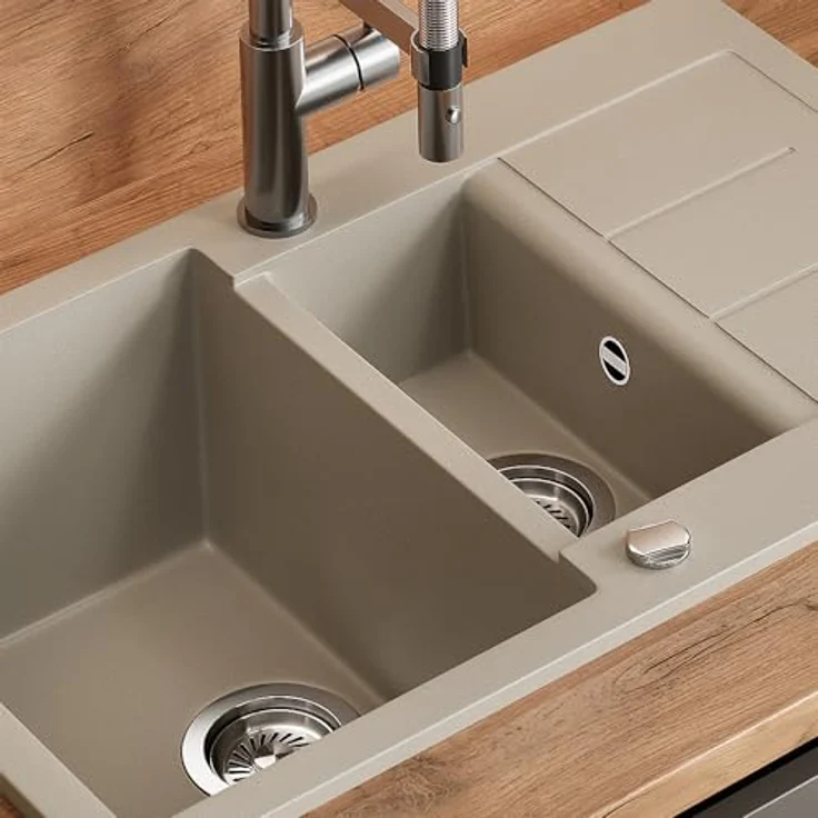 Bergström Spülbecken "Seattle", Beige, 80 x 50 cm, Doppelbecken mit Trockenplatz, robust und pflegeleicht – Bild 4