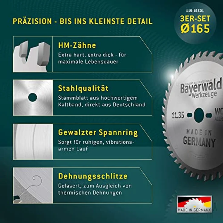 HOLZ ALLROUND Bayerwald Kreissägeblatt Set Ø 165 (3 tlg.) - Für Holz Längsschnitt, Tischlerplatten, Profilleisten etc. - Geeignet für Handkreissägen u.a. mit Bosch GKS 165, GKS 55 / Makita DHS630Z – Bild 5
