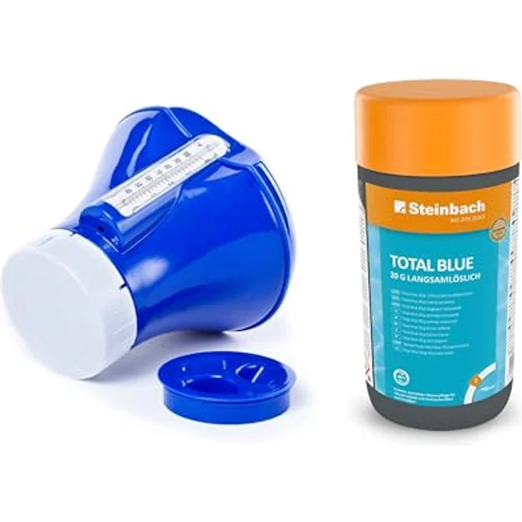 Steinbach Dosierschwimmer Starter Kit mit integriertem Thermometer und 20 g Total Blue Chlortabletten für effektive Wasserdesinfektion und kristallklares Poolwasser – Bild 1