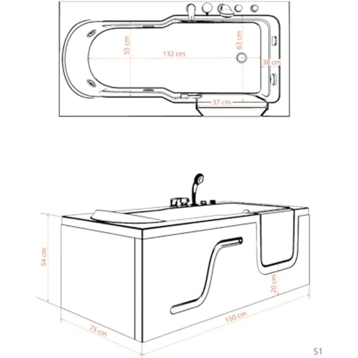 AcquaVapore Whirlpool-Badewanne Seniorenwanne mit Tür S17-WP-L-ALL 150x75cm, (1-tlg) - Hochwertiger Sanitär-Acryl, 5 Massage-Düsen, Tür mit Sicherheitsverschluss. – Bild 4