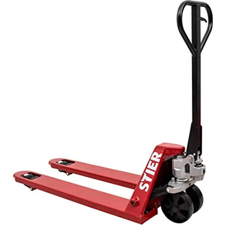 STIER Gabelhubwagen, Palettenhubwagen mit Tragkraft 2000 kg, Gabellänge 1800 mm, Nylon-Rollen, Lenkeinschlag 210°, wartungsfreie Handhydraulik, Rot