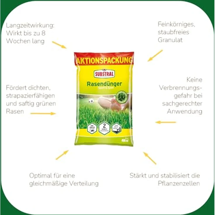 Substral Premium Rasendünger Sport & Spiel, Langzeitwirkung für 400 m², 10 kg, kräftiges Grün, sichere Anwendung ohne Verbrennungsgefahr – Bild 3