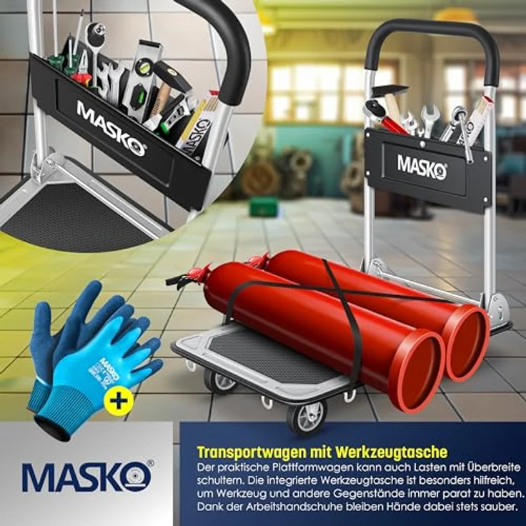 MASKO Klappbarer Plattformwagen, Transportwagen mit 150 kg Tragfähigkeit, inkl. Arbeitshandschuhe und Anti-Rutsch-Beschichtung – Bild 4