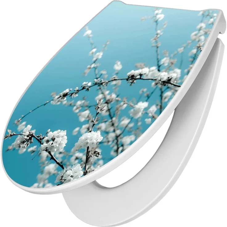 Banjado Premium Toilettendeckel mit Absenkautomatik, Duroplast WC-Sitz Soft Close, Hygienischer Klodeckel mit Motiv Weiße Kirschblüten, 38,4x45x4,2cm