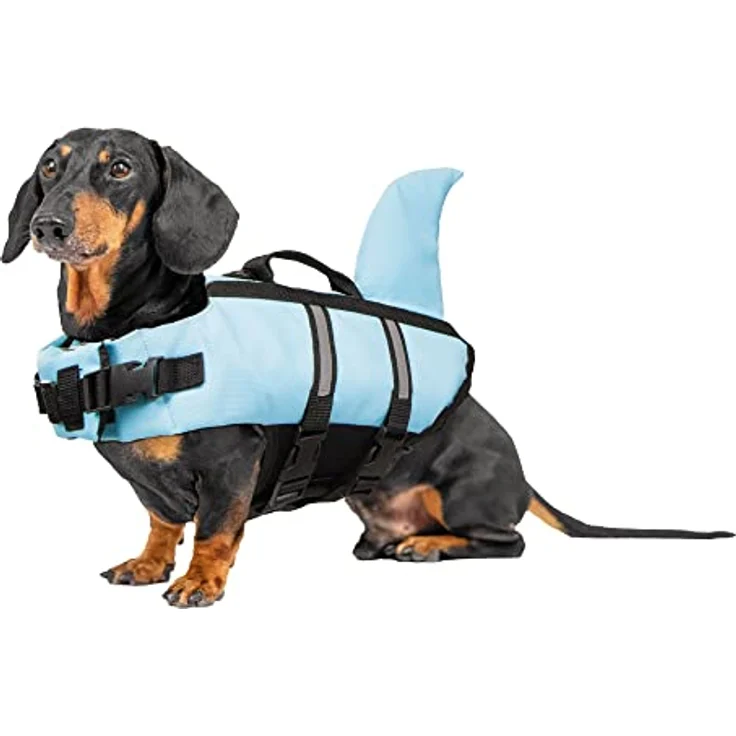 Nobby Sharki, Hundeschwimmweste in Blau mit Haifischflossen, reflektierenden Streifen und justierbaren Klickverschlüssen, Größe M für Hunde bis 25 kg – Bild 2
