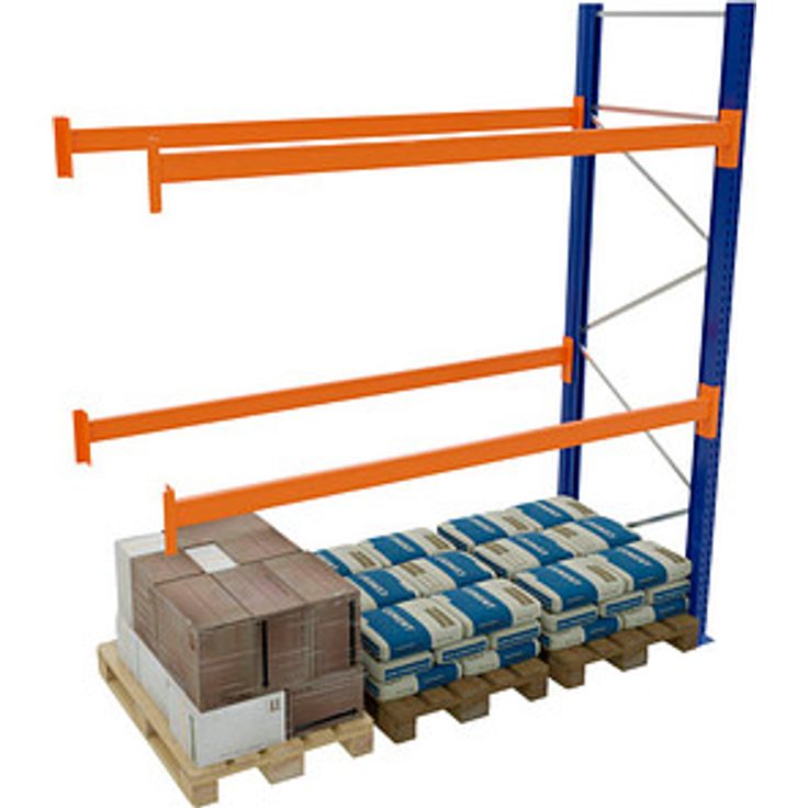 SCHULTE Anbau-Schwerlast-Weitspannregal 46829-N, modulare Lagerlösung mit 3 höhenverstellbaren Fachböden, orange, blau, silber, 278,6 x 110,0 x 500,0 cm