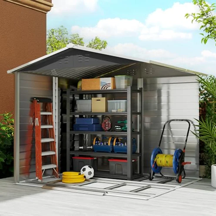 Outsunny Gerätehaus 4,4 m² mit Pultdach, abschließbarer Schiebetür und wetterfestem verzinktem Stahl, dunkelgrau – Bild 12