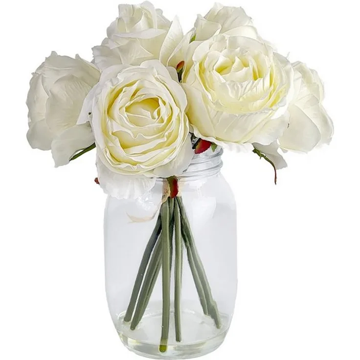 HTI-Living Kunstblume Rosenstrauß mit Vase Weiß, Höhe 31 cm, naturgetreue Blumenstrauß