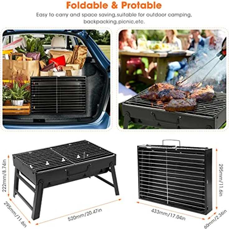 AGM Holzkohlegrill Picknickgrill Edelstahl Kleiner Grill Portable Campinggrill Abnehmbare BBQ Grills für Outdoor Garten Party usw. (52 x 29.5 x 22.2 cm) – Bild 3