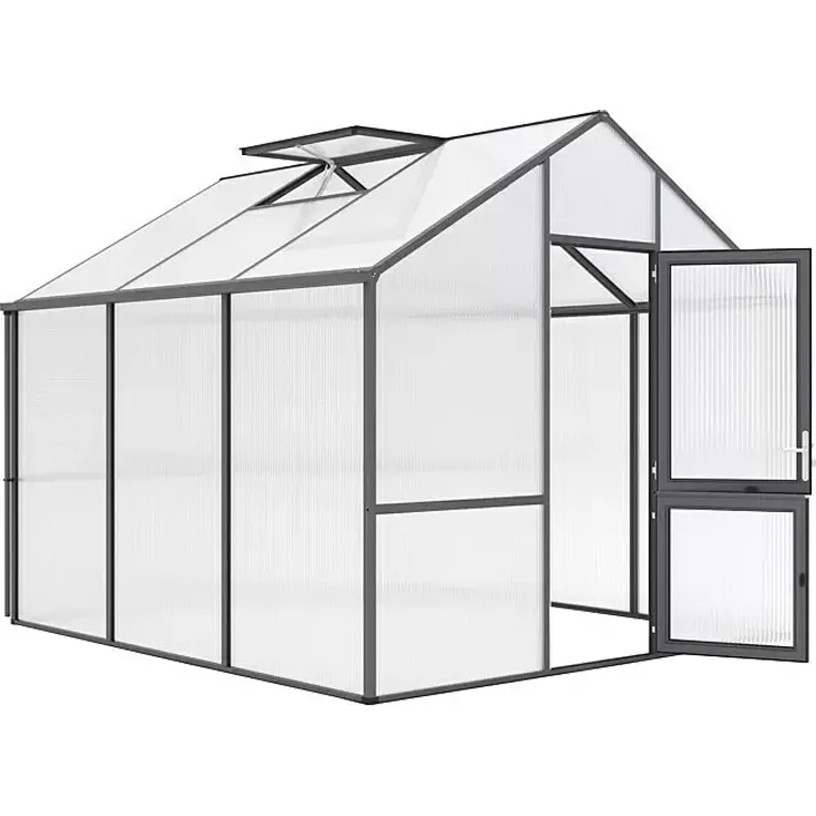 KGT Gewächshaus Dahlie III, 297 x 323 cm, Kunststoffseitenwände 16 mm, anthrazit-grau, mit automatischem Fensterheber und hoher Stehwandhöhe