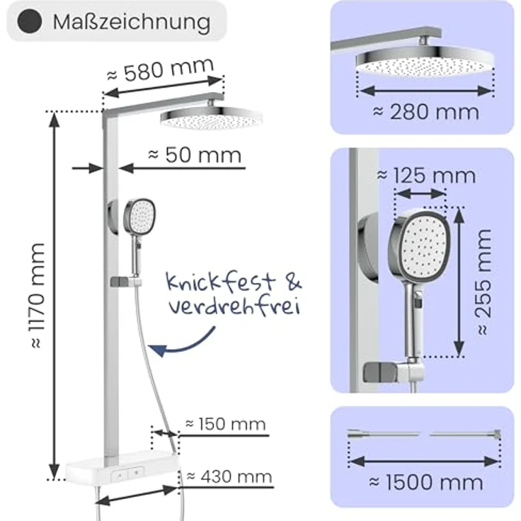 instmaier Duschsystem Cleo, Design-Thermostat mit 3 Strahlarten, 38-Grad-Sicherheitssperre und 28 cm Kopfbrause – Bild 8