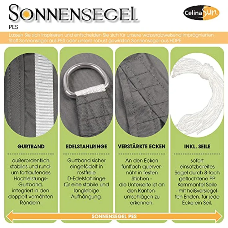 CelinaSun Sonnensegel inkl Befestigungsseile Premium PES Polyester wasserabweisend imprägniert Dreieck gleichseitig 3 x 3 x 3 m hell grau – Bild 2