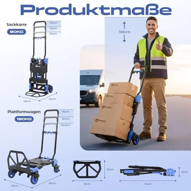 Sekey Sackkarre Alu 2-in-1, Klappbar bis 150 kg Tragkraft, Plattformwagen mit Bremse, ergonomischem Griff, schwarz/blau – Bild 8