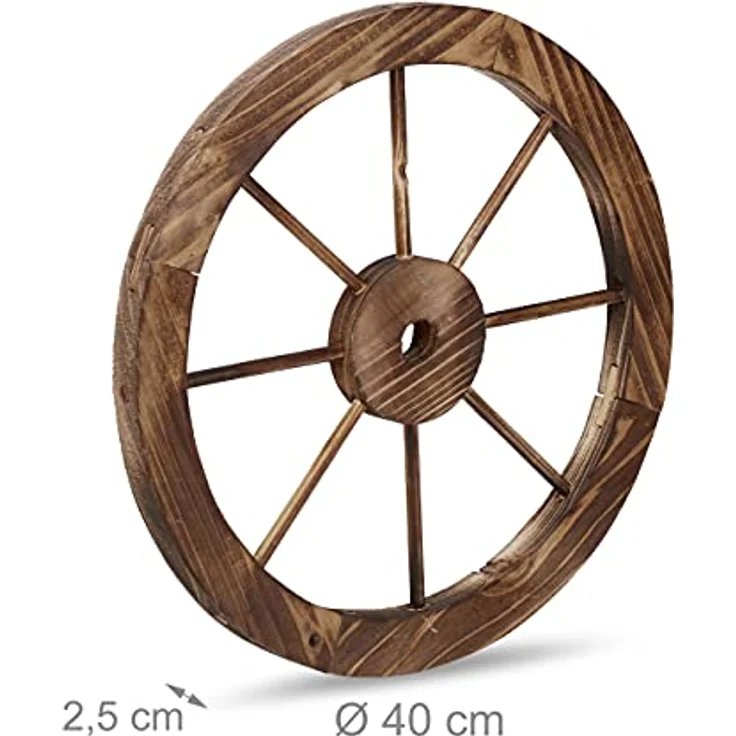 Relaxdays Wagenrad aus Holz, 2er Set, Deko für Garten, Terrasse, Veranda, rustikales Speichenrad, Saloon, Western, braun – Bild 4