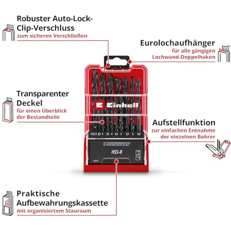 Einhell 19-tlg. HSS-R Metallbohrer-Set, HSS 4241 Stahl, schwarz brüniert, 135°-Bohrspitze, rollgewalzte Typ N Spirale, Rundschaft, inkl. Aufbewahrungskassette – Bild 3