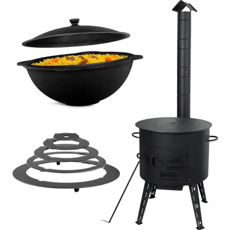 4BIG.fun Uchag 2mm Stahl Utschak Ø49cm mit Adapter-Ringen für 22L, vielseitige Outdoorküche für Grillen und Feuerstelle