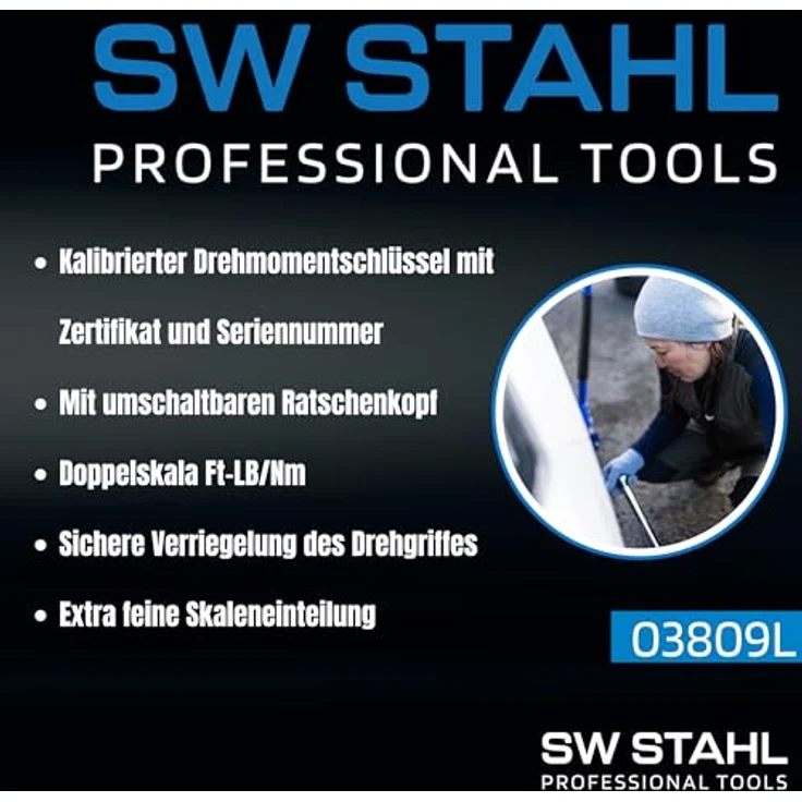 SW-Stahl 03809L Drehmomentschlüssel 1/4 Zoll, verstellbar 5-25 Nm mit ergonomischem Griff, Ratsche 48 Zähne für PKW-Reifenwechsel – Bild 2
