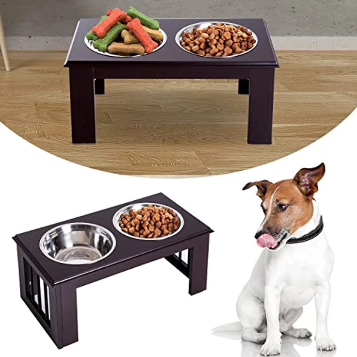 PawHut Erhöhter Hundenapf, Futternapf, Edelstahlnäpfen, Haustier Fressnapf, MDF, Kaffee, 58,4 x 30,5 x 25,4 cm – Bild 2