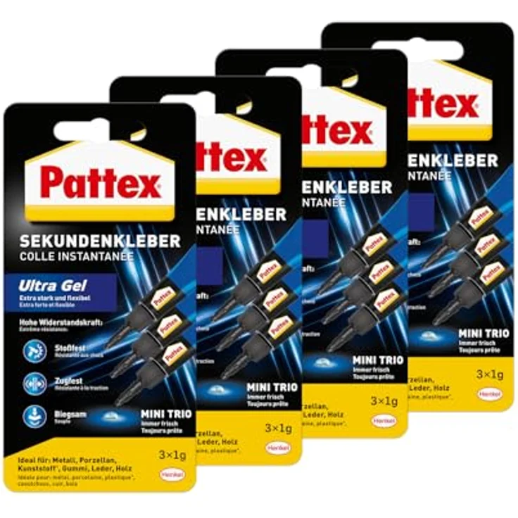 Pattex Sekundenkleber Ultra Gel Mini Trio, 4er Pack (4x 3g), stark & flexibel, wasserfest, farblos – Bild 1