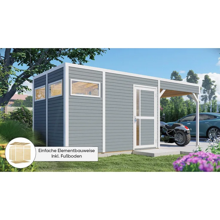 KONIFERA Gartenhaus Cubus 3 Lounge, BxT: 558x240 cm, mit Anbaudach und flexibler Wandanordnung, Leimholztür mit Zylinderschloss, farbige Varianten verfügbar