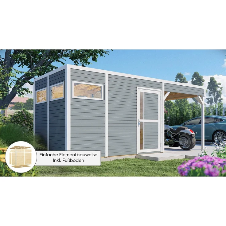 KONIFERA Gartenhaus Cubus 3 Lounge, BxT: 558x240 cm, mit Anbaudach und flexibler Wandanordnung, Leimholztür mit Zylinderschloss, farbige Varianten verfügbar