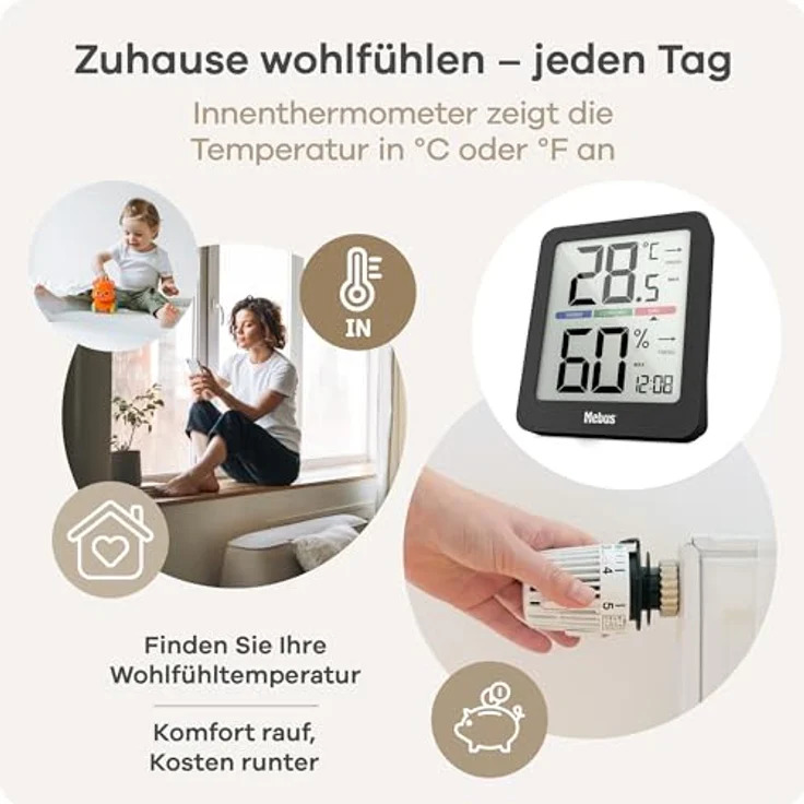 Mebus 11115 Thermo-Hygrometer, digitales Hygrometer mit Temperaturanzeige in °C/°F, schwarz – Bild 5