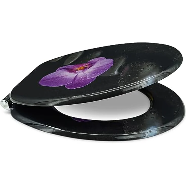 Sanfino WC Sitz Way of Orchid, Toilettendeckel aus Holz mit Absenkautomatik, schwarz, verchromte Metallscharniere, einfache Montage, 43,5 x 37,5 cm – Bild 2