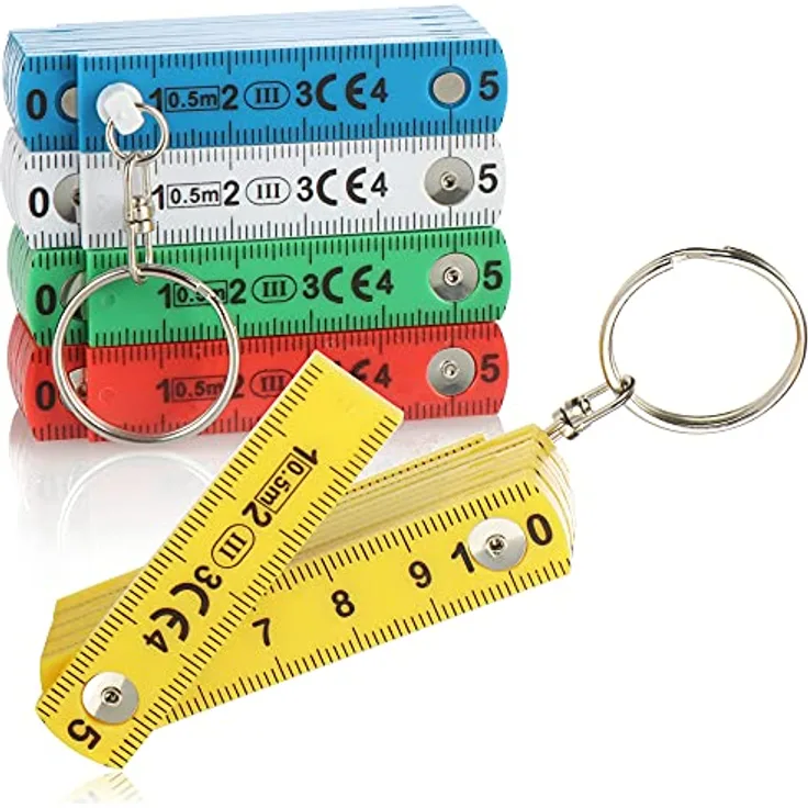 com-four® 5x Mini-Zollstock Schlüsselanhänger, 50 cm flexibler Gliedermaßstab in 5 Farben (gelb, rot, blau, grün, weiß), chemikalienresistent und rutschfest