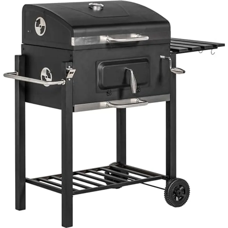 Outsunny Grillwagen Holzkohlegrill Grill BBQ Standgrill Holzkohle Kohlegrill Gartengrill, Edelstahl Schwarz 113 x 65 x 108 cm