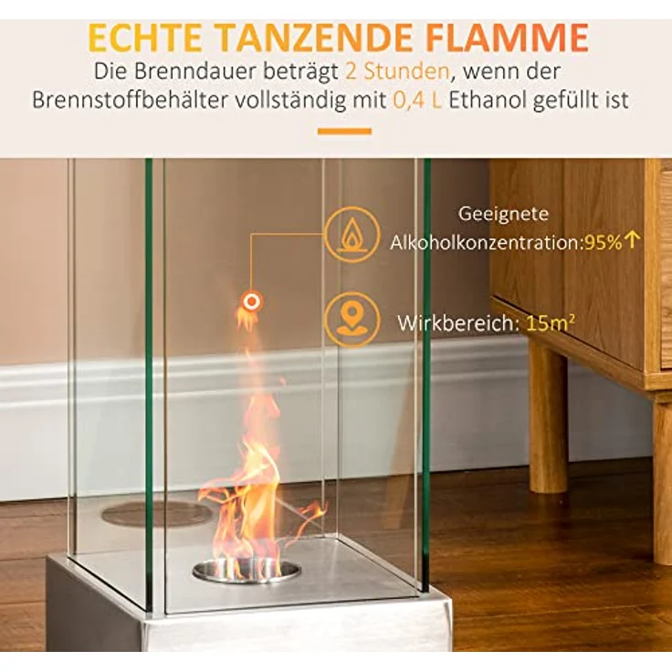 HOMCOM Ethanol-Kamin Feuerschale Bio-Ethanol-Brenner 0,4L 2 Std. Brenndauer 15m² mit Feuerlöschdeckel Edelstahl Hartglas Silber 25 x 25 x 60 cm - Preisvergleich – Bild 4