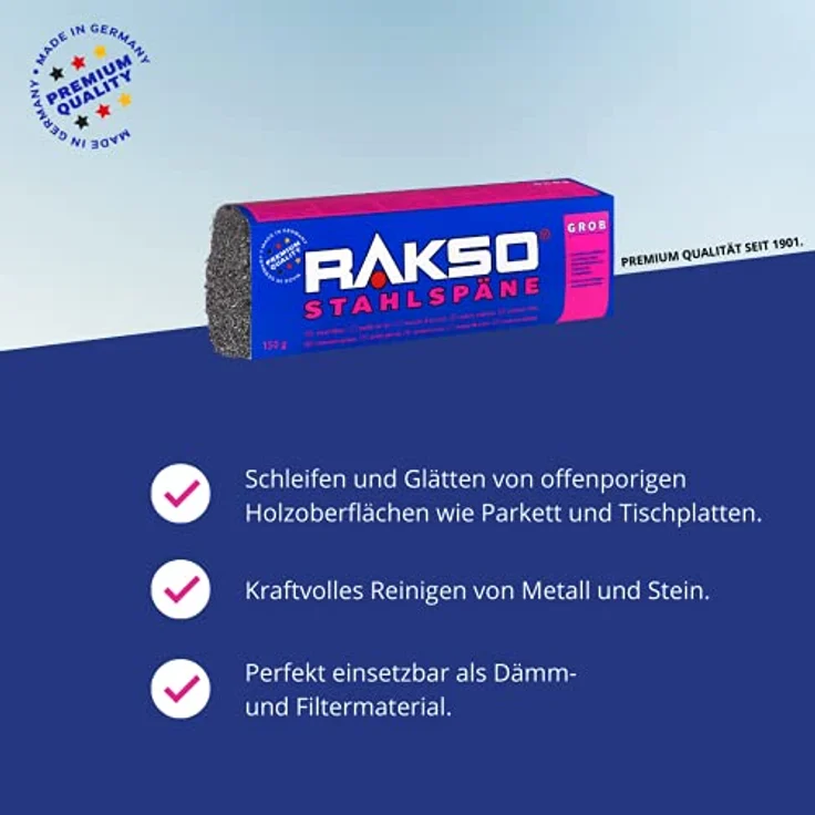RAKSO Stahlspäne grob 150g, für Schleifen und Glätten von Holzoberflächen, Reiniger für Metall und Stein, inkl. Banderole, Premium-Qualität Made in Germany – Bild 2