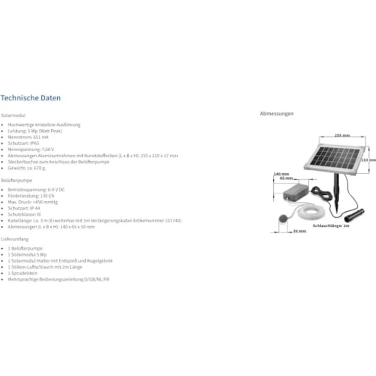 Esotec Solar Teichbelüfter 5/130 Professional, 130l/h Sauerstoffpumpe mit kristallinem Solarpanel und einfachem Anschluss, IP44 – Bild 5