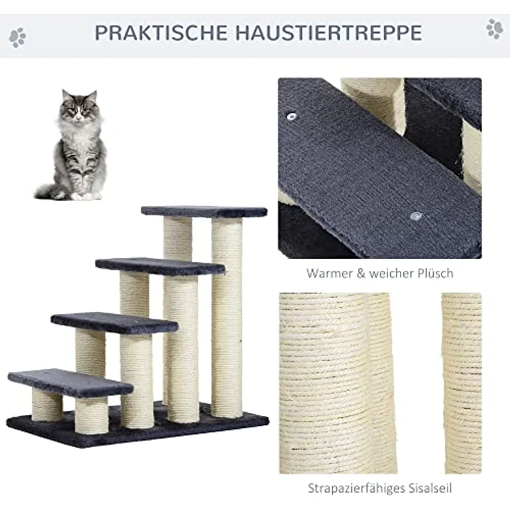 PawHut Tiertreppe Katzentreppe Hundetreppe 4 Stufen Treppe für Katze und Hunde Plüsch Grau 60 x 42 x 61 cm – Bild 4