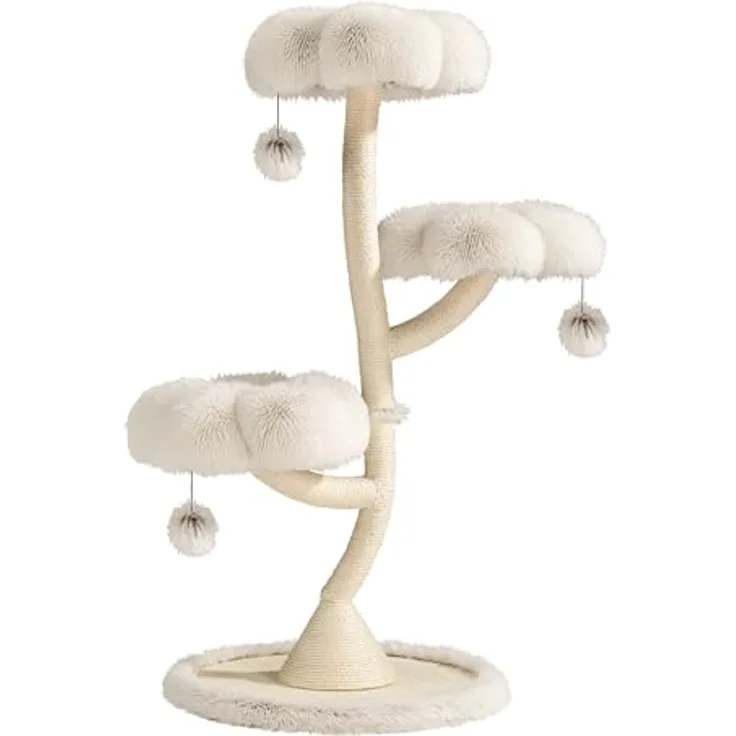 Fudajo Designer Kratzbaum, Ø 59 cm, 125 cm hoch, 3 Etagen mit Sisal und Plüsch, bis 15 kg belastbar, Katzenmöbel mit 3 Mulden