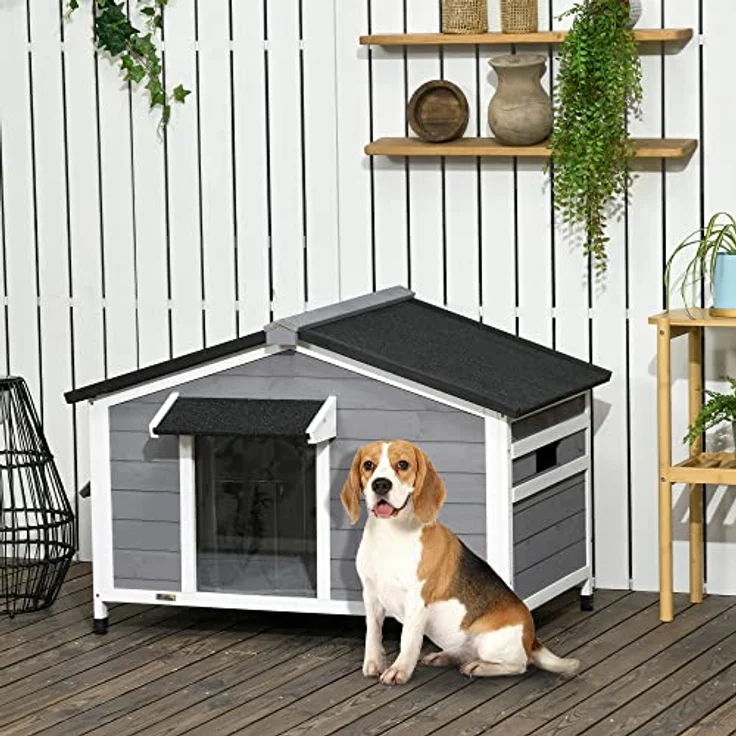 PawHut Hundehütte aus Holz, Hundehaus mit zu öffnendem Asphaltdach und abnehmbarem Boden, Outdoor Hundehaus Kleintierhaus für kleine, mittelgroße Hunde, Draußen, Grau, 109 x 79 x 72 cm – Bild 2