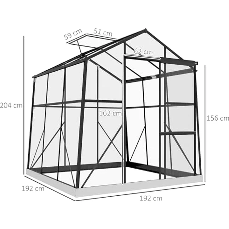 Outsunny Gewächshaus Aluminium 192 x 192 x 204 cm Treibhaus 3,68 m² Tomatenhaus mit Fenster, Schiebetür, Fundament, Aufzucht Pflanzenhaus für Garten, Balkon, Schwarz – Bild 3