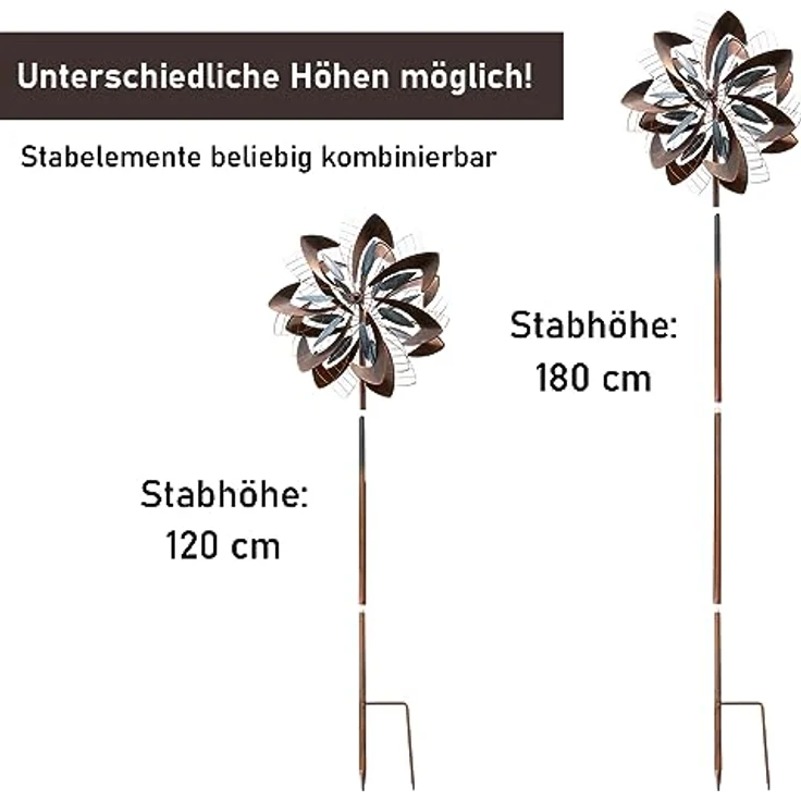 LEMODO Windrad Dandelion mit gegenläufigen Rotoren | Gartendeko in 2 Höhen aufbaubar | Gartenstecker mit 213 cm Höhe | Windmühle in Kupferoptik | Windskulptur mit Charme – Bild 4