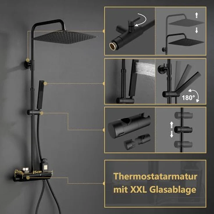 Görbach Regendusche Duschsystem mit Thermostat, XXL Kopfbrause 35x25 cm aus Edelstahl, Schwarz, intelligente Temperaturkontrolle und höhenverstellbare Duschstange – Bild 5
