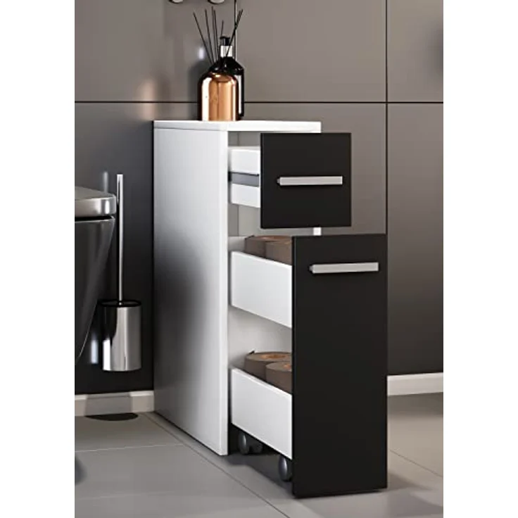VCM Holz Badmöbel Midischrank Bad Toilette Badschrank Schublade Nischenschrank Zalo Weiß/Schwarz – Bild 2