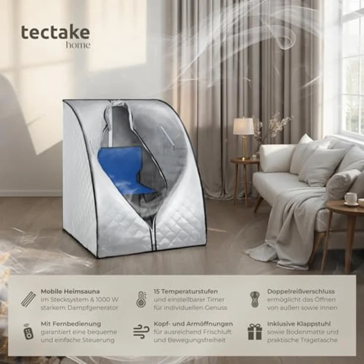 Tectake Mobile Dampfsauna ThermaLuxe II, 1000 W, 15 Temperaturstufen, grau/blau – Bild 2