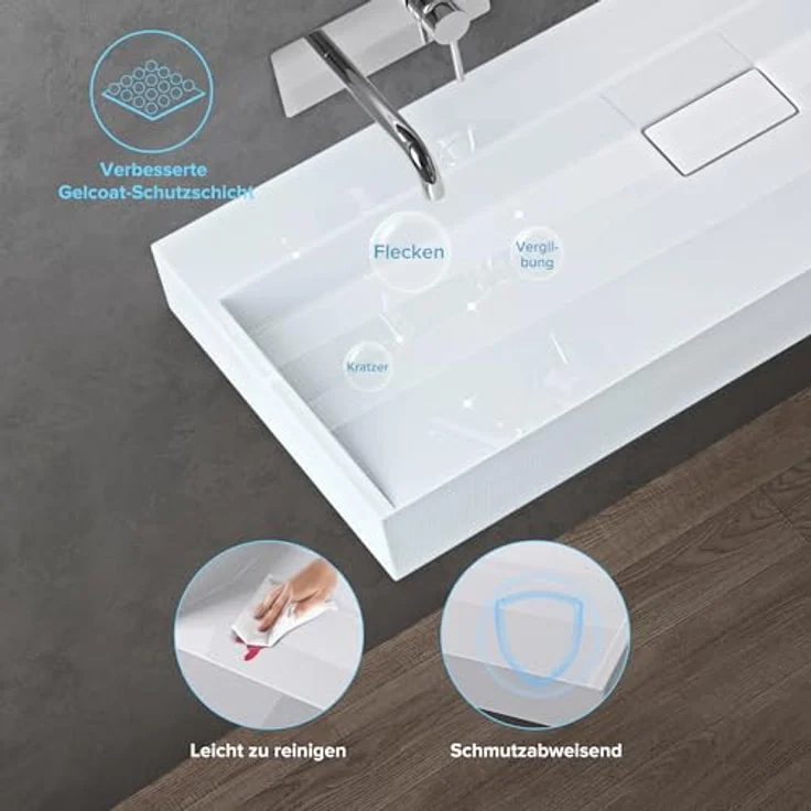 doporro Aufsatzwaschbecken Waschbecken Col19 Gussmarmor inkl. Ablaufgarnitur, Eckig, Hahnlöcher - Hochwertiges Design aus Gussmarmor, einfache Montage, Nano Beschichtung - Weiß – Bild 5