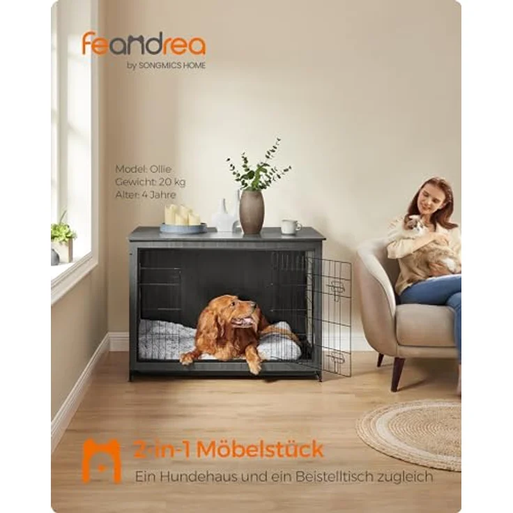 Feandrea Hundekäfig Möbel, Beistelltisch, Hundebox, Moderne Hundehütte Indoor für Hunde bis zu 36 kg, hochbelastbar, tintenschwarz PFC004B01 – Bild 2