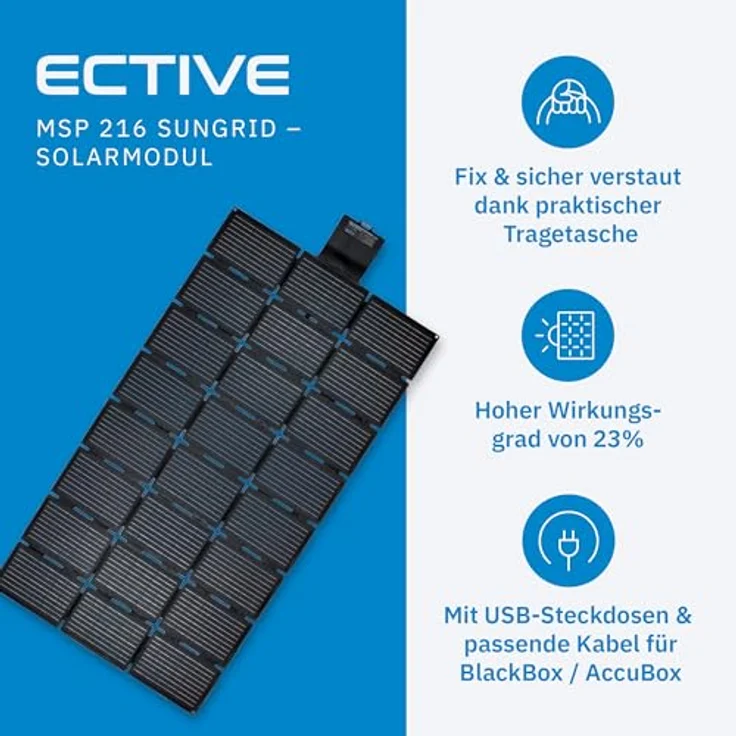 ECTIVE MSP 216 SunGrid, Faltbares Solarpanel 216W mit USB-A & USB-C Anschlüssen, Tragbare Solartasche für Camping, Wohnmobil & Outdoor, inklusive Kabel für BlackBox/AccuBox – Bild 3