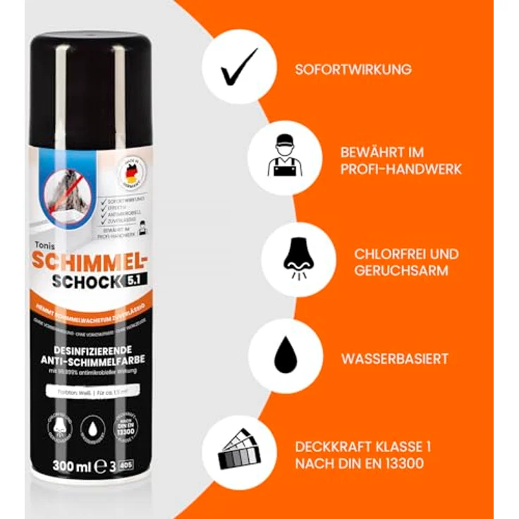 Tonis SCHIMMELSCHOCK Sprühfarbe Schimmelspray 5.1, 300ml für 1,5 m², sehr giftig für Wasserorganismen – Bild 3