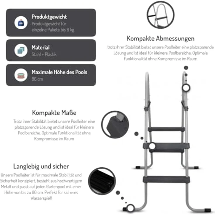 COIL Pooltreppe Metall, Sicherheitsleiter für Gartenpools, Gesamthöhe 120 cm, Max. Beckenhöhe 84 cm, 2 Stufen – Bild 3