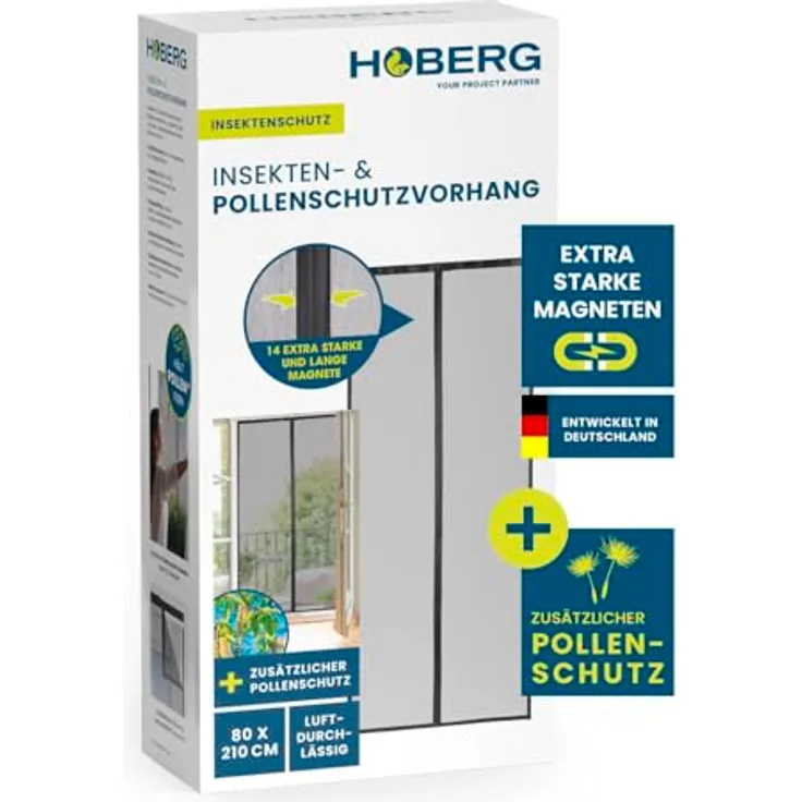 HOBERG Insekten- & Pollenschutzvorhang | Fliegengitter Tür mit XXL-Magnetbändern | Insektenschutz für Balkontür | Pollenschutzgitter – 80 x 210 cm