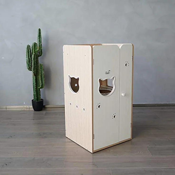 CatS Design Katzentoilette Schrank Eiche-Weiß/Premium Katzenklo Schrank/Katzen Klo inkl. Schaufel, Liegekissen & Anti Rutsch Vorleger – Bild 3
