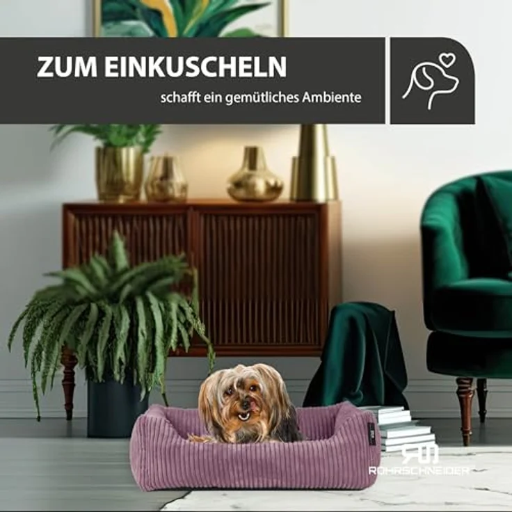 Rohrschneider Hundebett | Cordstoff | waschbarer Bezug | inkl. Futternapf (Altrosa, 55 x 42 cm) – Bild 5