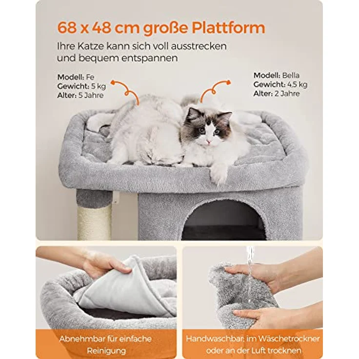 Feandrea Kratzbaum, 101 cm Katzenbaum, XL, Katzenhaus für extra große Katzen bis zu 20 kg, große Plattform, 2 Katzenhöhlen, Sisalstämme, hellgrau PCT614W01 – Bild 3